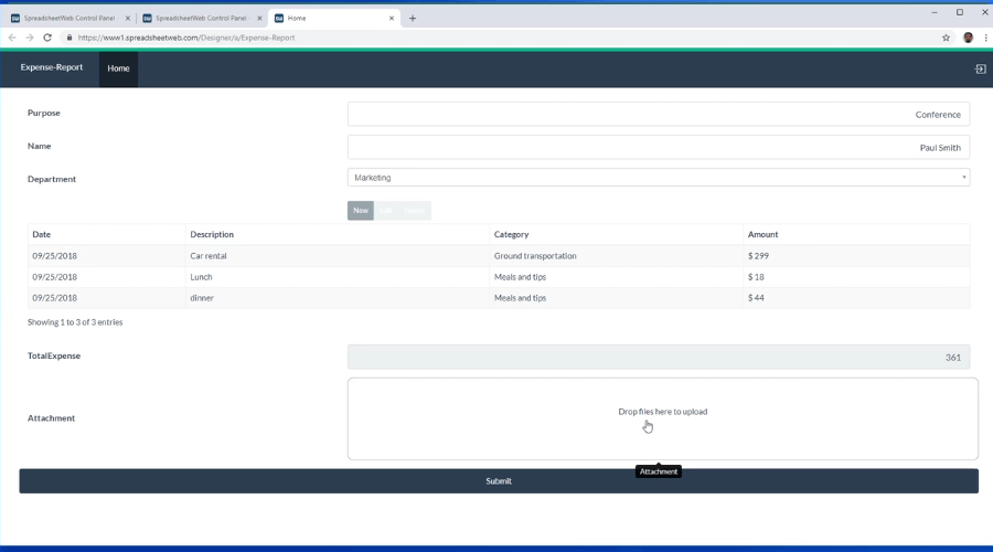 Create an App with SpreadsheetWEB: Expense Report